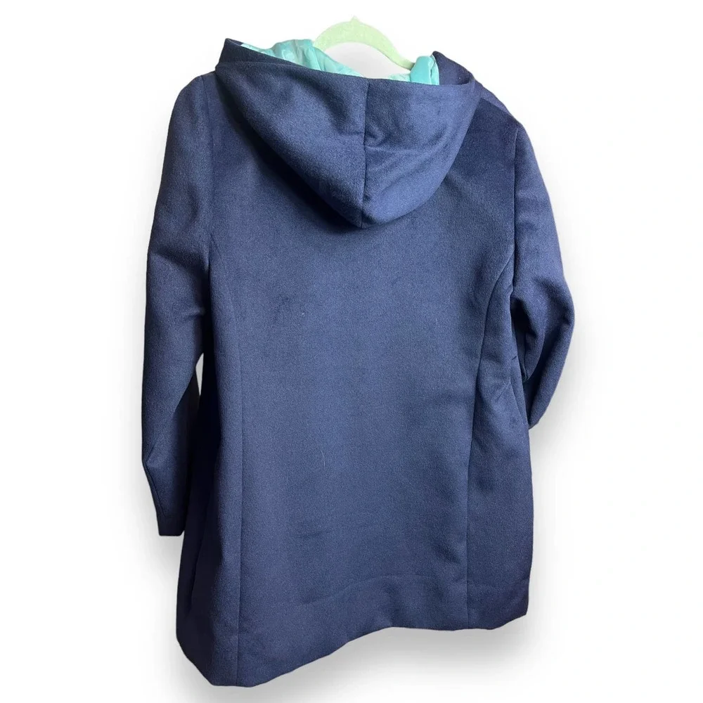 Chico's Hooded Coat, Faux-Wool Winter Mid Jacket | Size 2 (Large) | Navy Blue - Picture 9 of 10